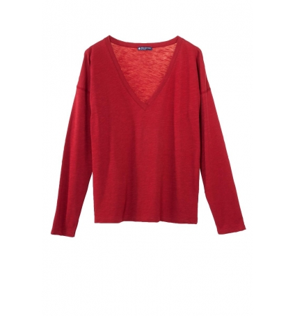 Petit Bateau T-shirt ML femme Col V en Jersey Flammé Rouge passion