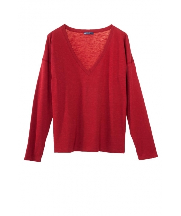 Petit Bateau T-shirt ML femme Col V en Jersey Flammé Rouge passion