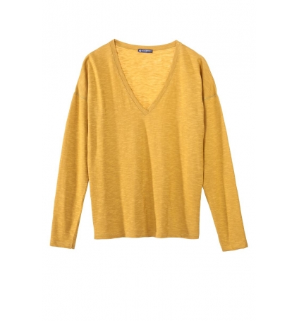 Petit Bateau T-shirt ML Femme Col V en Jersey Flammé Jaune inca