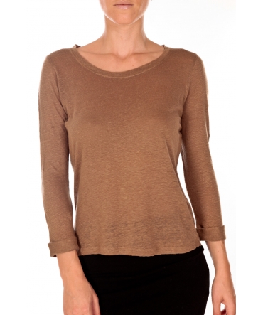 PETIT BATEAU T-shirt femme manches 3/4 encolure ronde en lin marron Camella