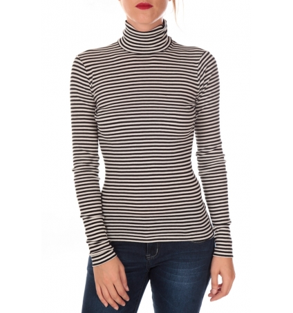 PETIT BATEAU Sous pull femme rayé en coton léger côtelé noir Noir / beige Coquille