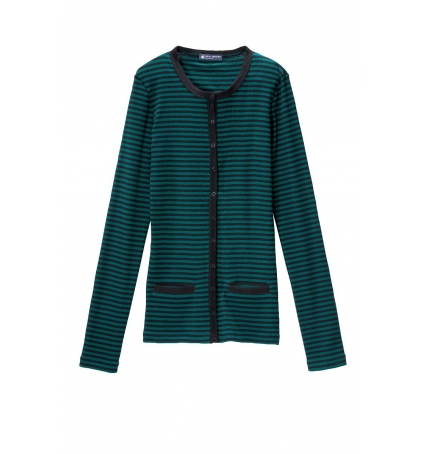 PETIT BATEAU Cardigan femme rayé en coton léger côtelé noir Noir / vert Fir 