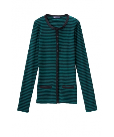 PETIT BATEAU Cardigan femme rayé en coton léger côtelé noir Noir / vert Fir 