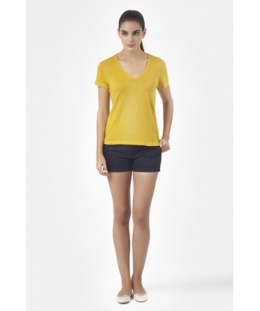 PETIT BATEAU T-shirt femme manches courtes col V en lin 32931 73 Jaune