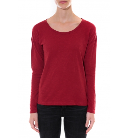 Petit Bateau T-shirt ML Femme Col rond en Jersey flammé Rouge Capecod