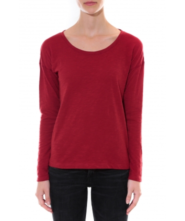 Petit Bateau T-shirt ML Femme Col rond en Jersey flammé Rouge Capecod