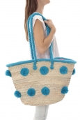 Sac Paille pompons Mutli  Bleu