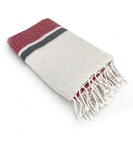 Fouta Blanc motif Rouge Noir